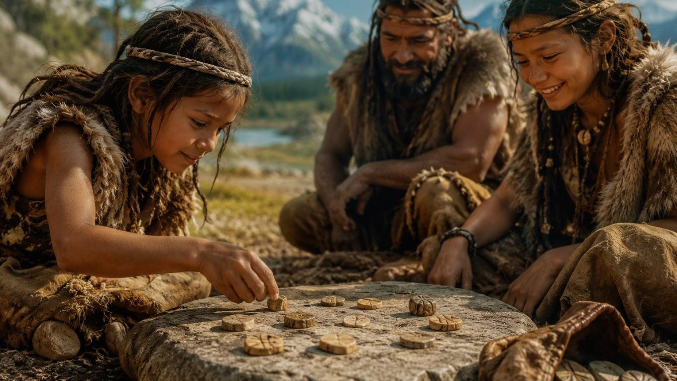 Une famille préhistorique joue avec des dés et des jetons en bois autour d’une pierre, dans un paysage naturel montagneux.