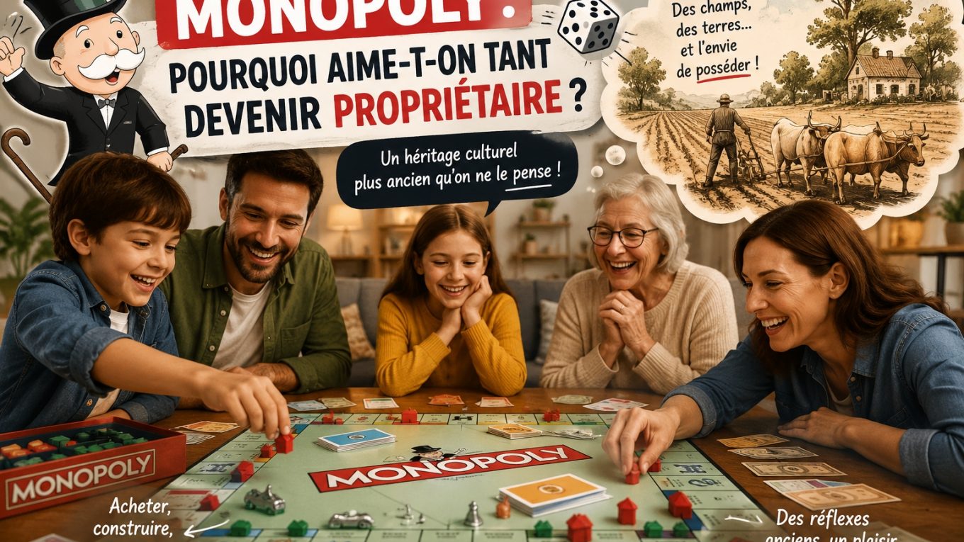 Une famille souriante joue au Monopoly autour d’une table dans un salon chaleureux. L’image met en avant le lien entre le célèbre jeu de société et notre envie de devenir propriétaire, avec des illustrations évoquant l’agriculture, les terres et l’héritage culturel.